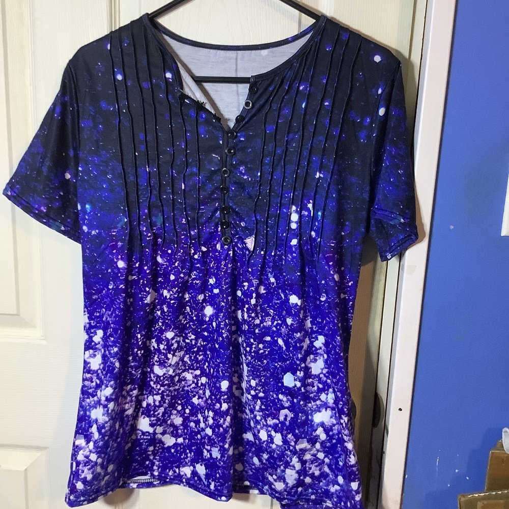 Women’s short sleeve pleated casual summer tunic v-neck top Size L